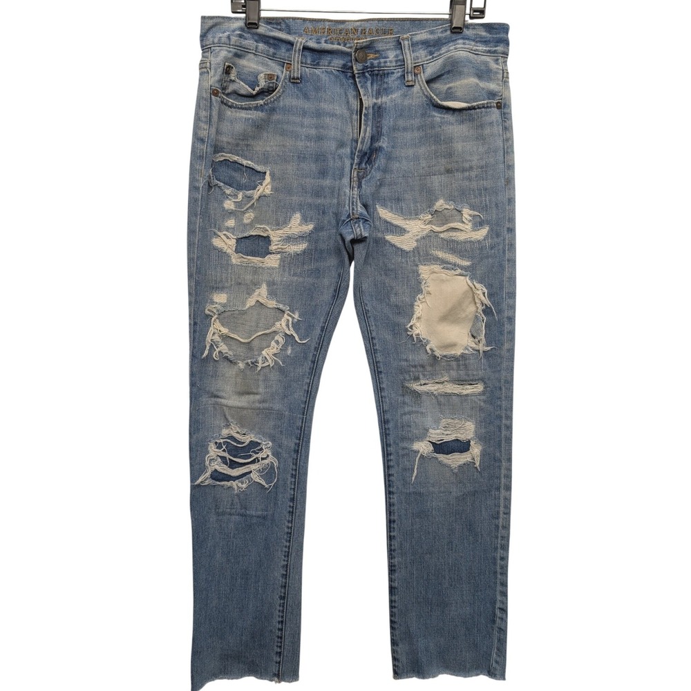 American Eagle Distressed Jeans Mens 33x30 Light Blue Shredded Raw Hem